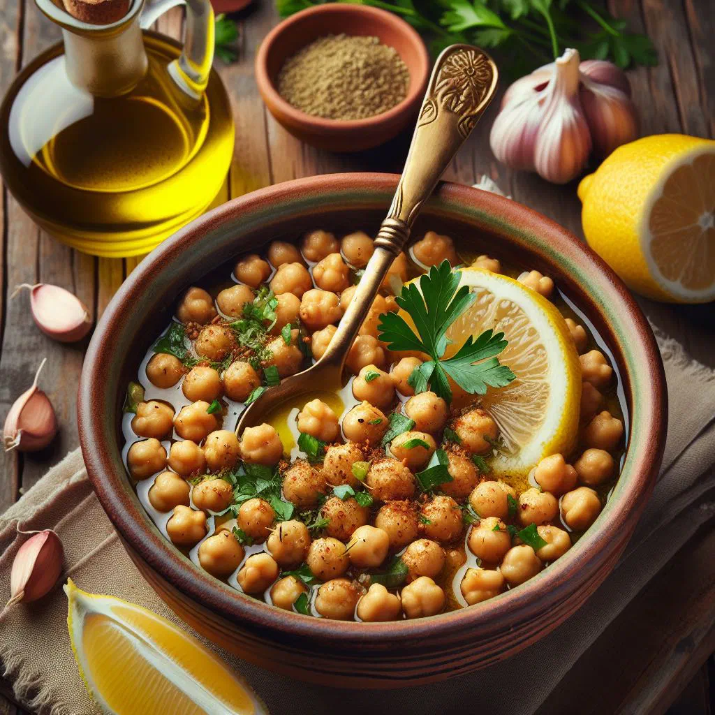 Bowl of balila chickpeas dressed with olive oil and garnished with parsley