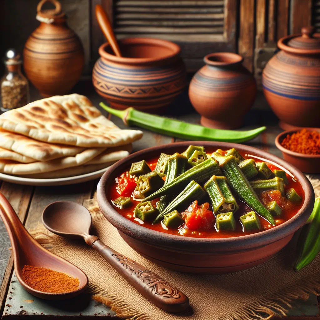 Bamia, tender okra simmered in a rich tomato sauce, garnished with fresh coriander