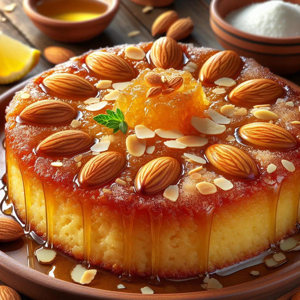 Golden basbousa squares topped with almonds and soaked in rose syrup