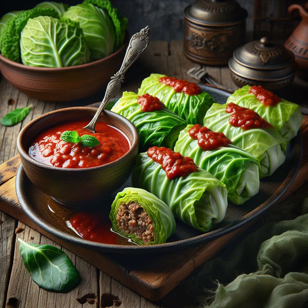 Lebanese cabbage rolls stuffed with spiced rice and meat in a pan