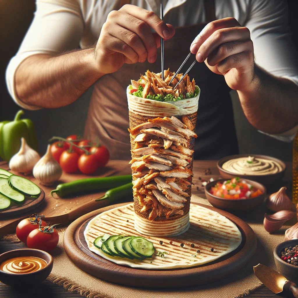 Chicken shawarma wrapped in warm flatbread with fresh vegetables and dip