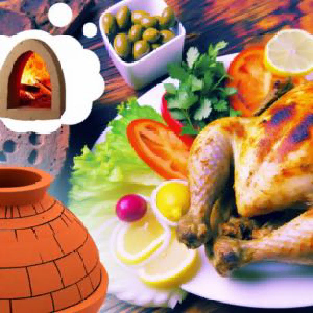 Lebanese roast chicken garnished with fresh herbs and lemon wedges