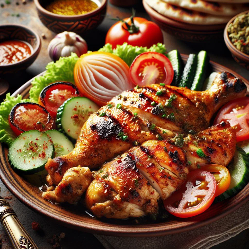 Grilled marinated chicken served with flatbread and fresh vegetables