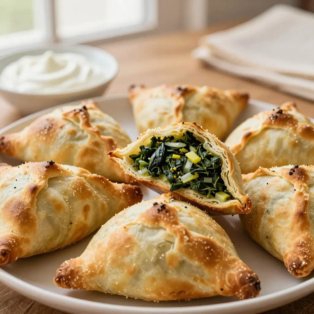 Golden baked fatayer pastries filled with spinach and cheese