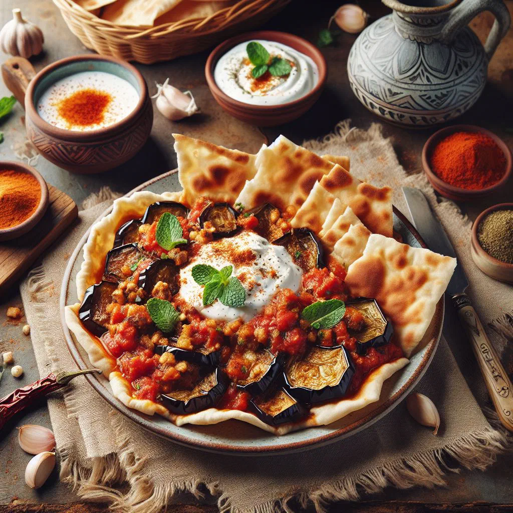 Fattet batinjan with fried aubergine, crisp flatbread and creamy yoghurt sauce