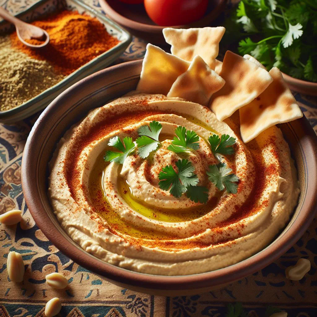 Fattet hummus topped with yoghurt sauce, olive oil and fresh parsley