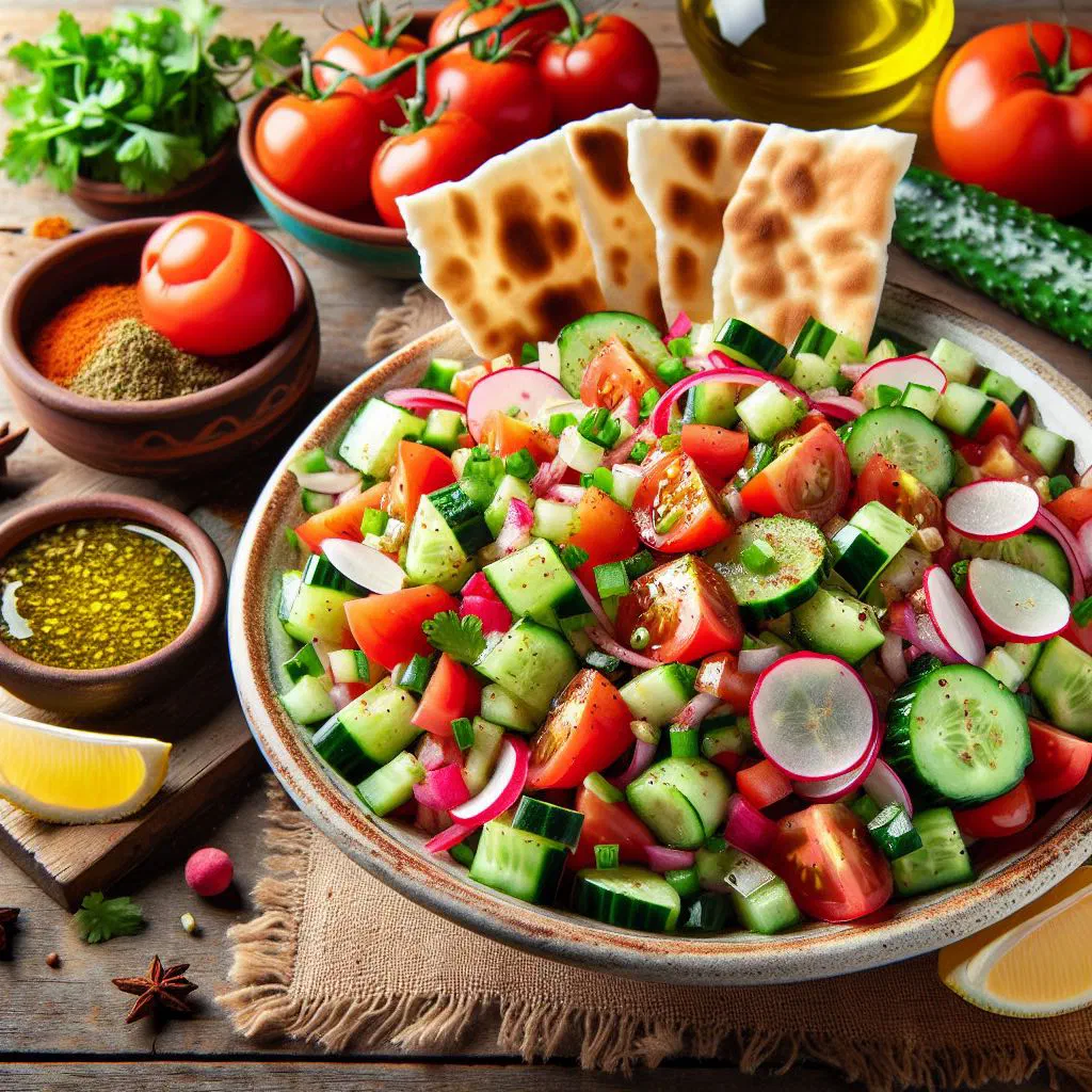 Colourful fattoush salad with crisp toasted flatbread, tomatoes, cucumber and fresh herbs