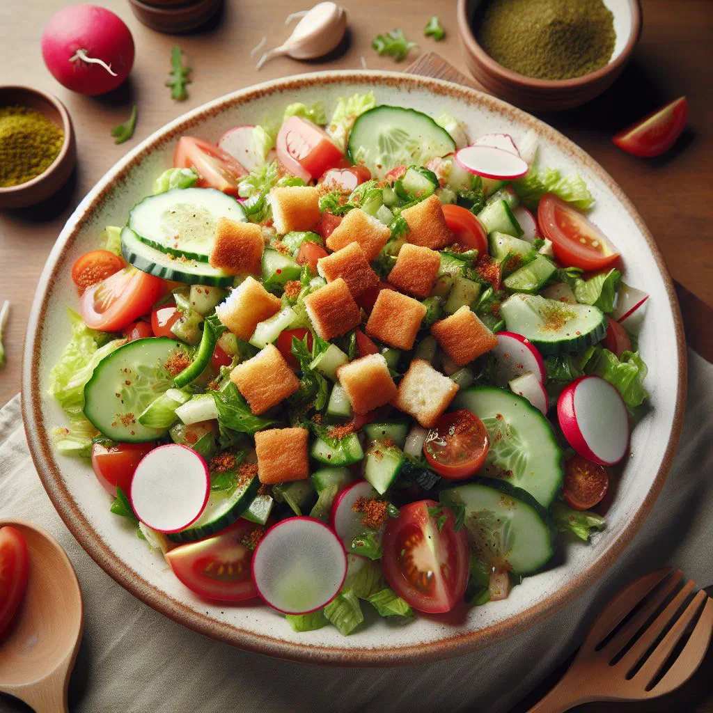 Colourful Lebanese fattoush salad with crisp flatbread, tomatoes and fresh herbs
