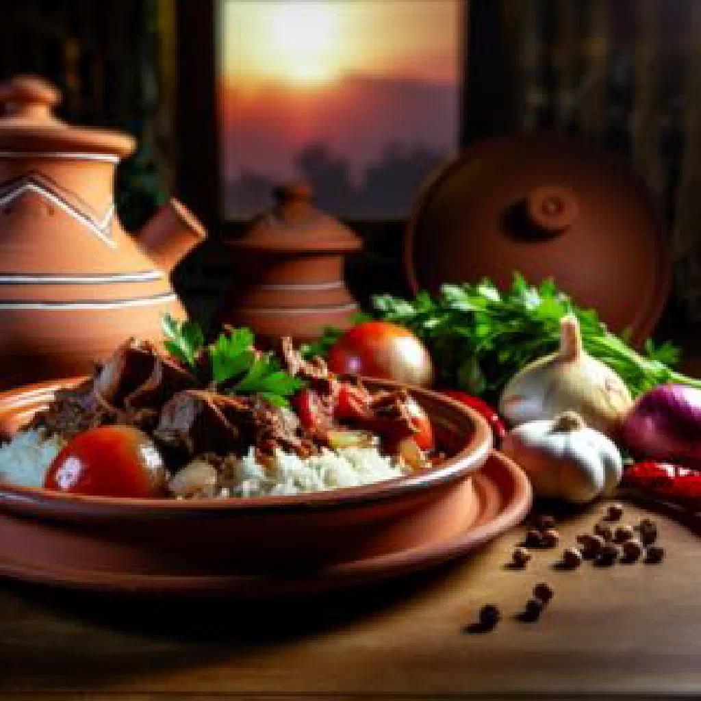 Fekhara of tender spiced meat served in an earthenware dish with fresh herbs