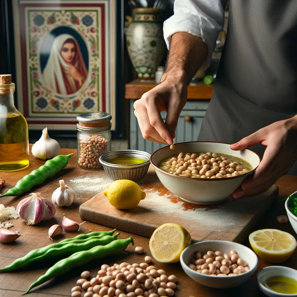 A bowl of foul medames topped with olive oil, parsley and lemon