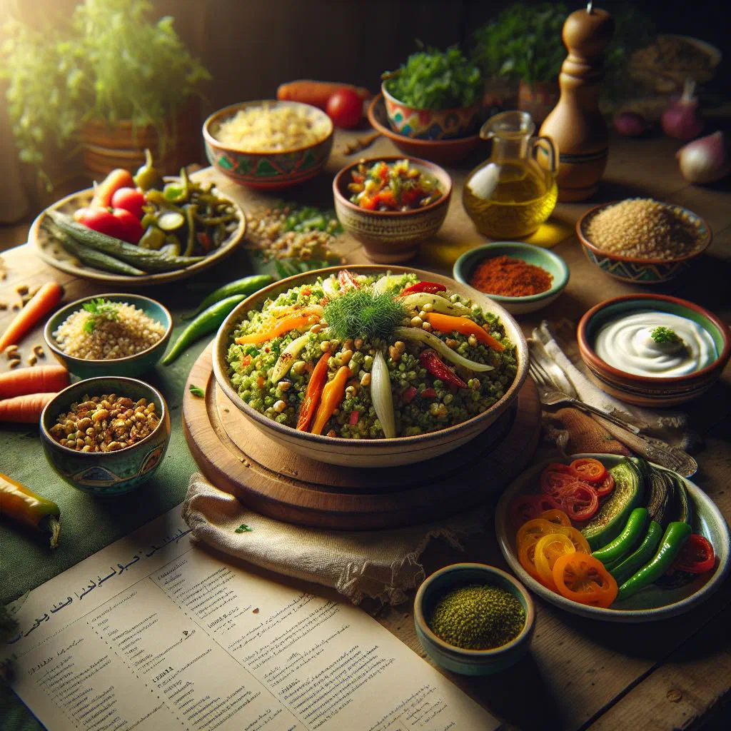 Bowl of cooked freekeh garnished with fresh herbs