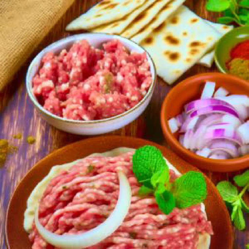 Habra Nayyeh raw beef dressed with herbs, lemon and olive oil on a plate with pita