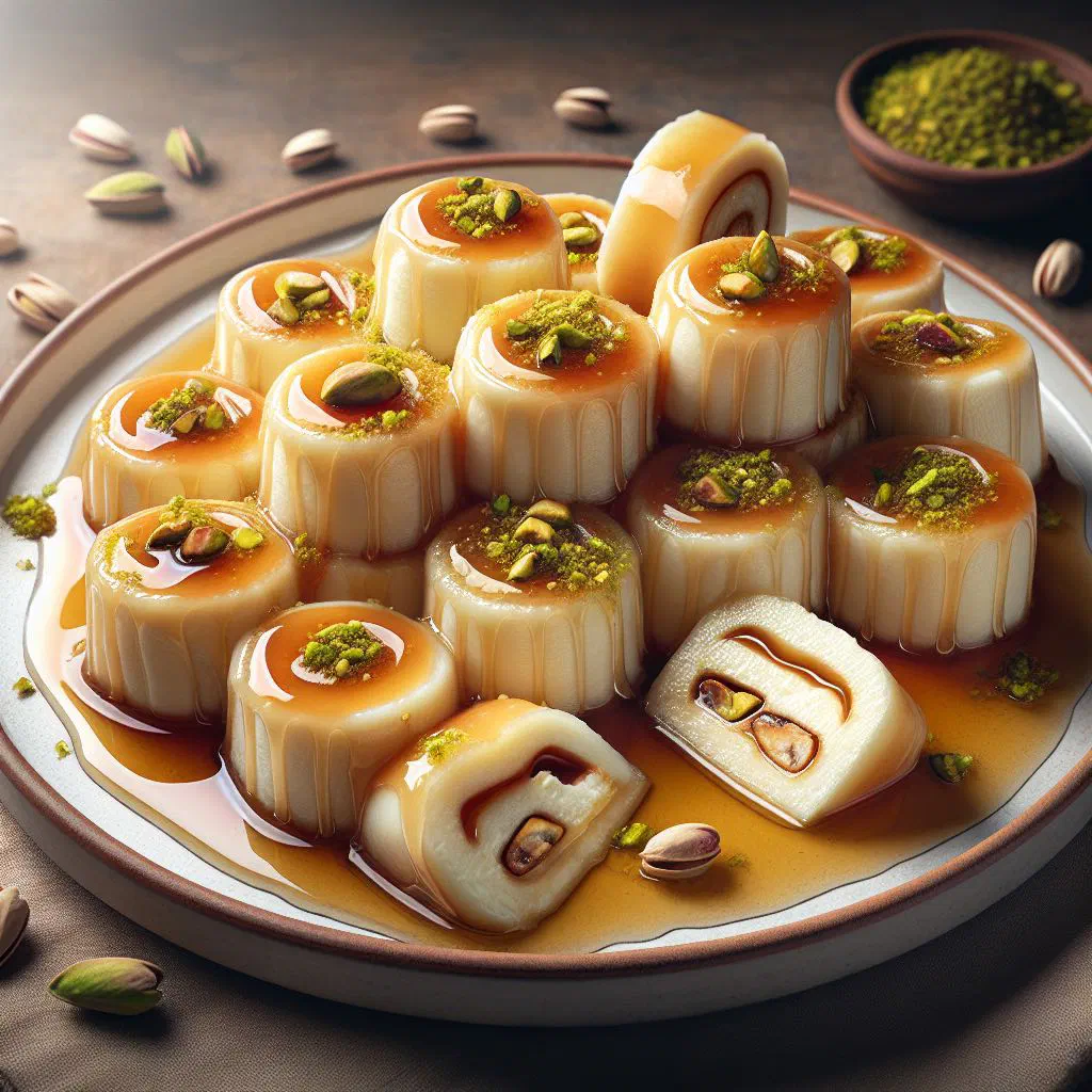 Rolls of sweet cheese dessert topped with chopped pistachios and syrup