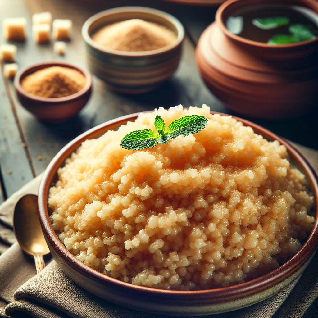 A warm bowl of Lebanese hreeseh with shredded chicken and wheat, garnished with fresh herbs