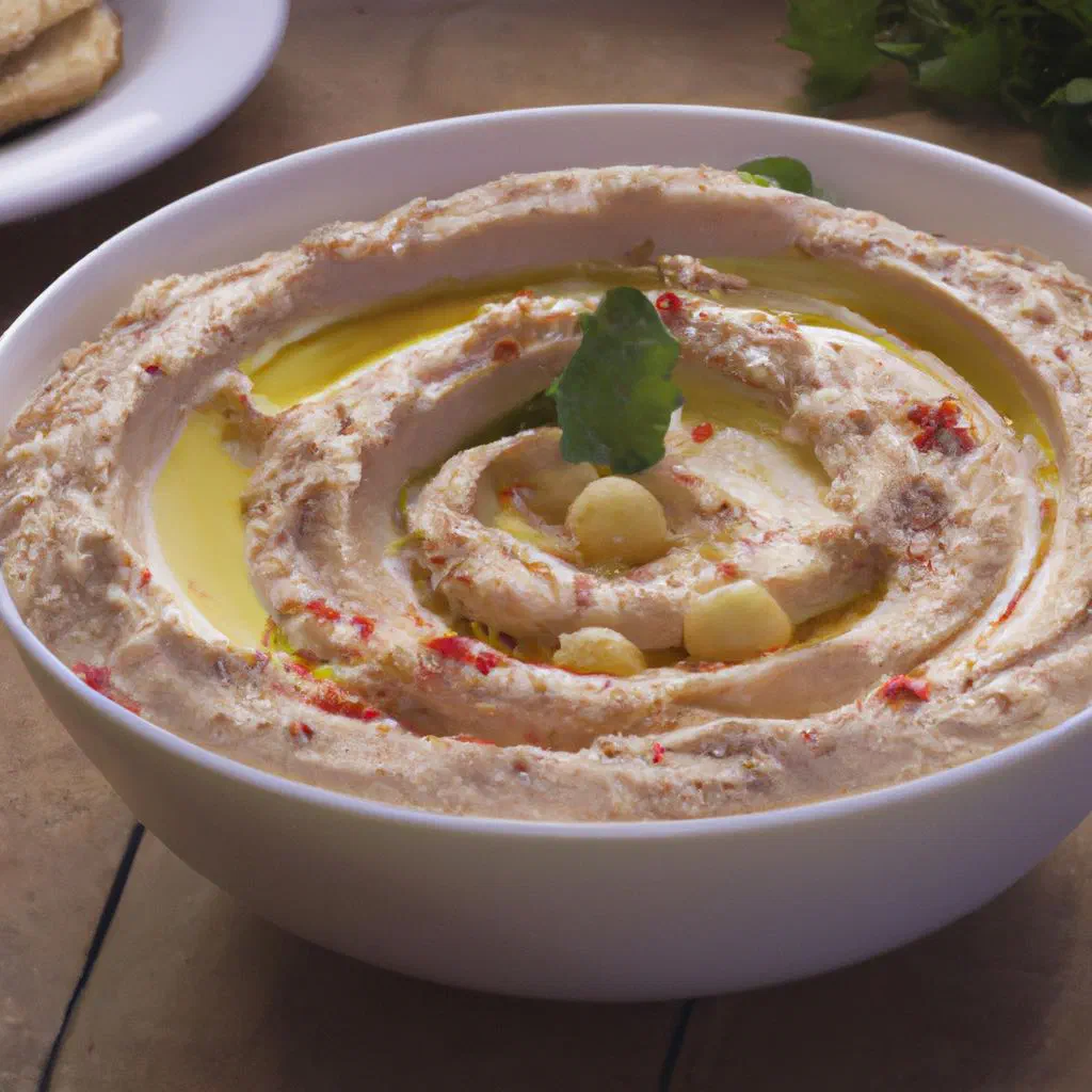 Bowl of creamy hummus drizzled with olive oil and sprinkled with parsley