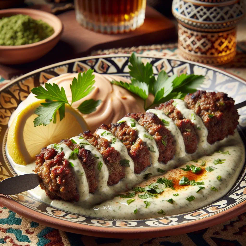 Grilled kafta skewers served with creamy tahini sauce