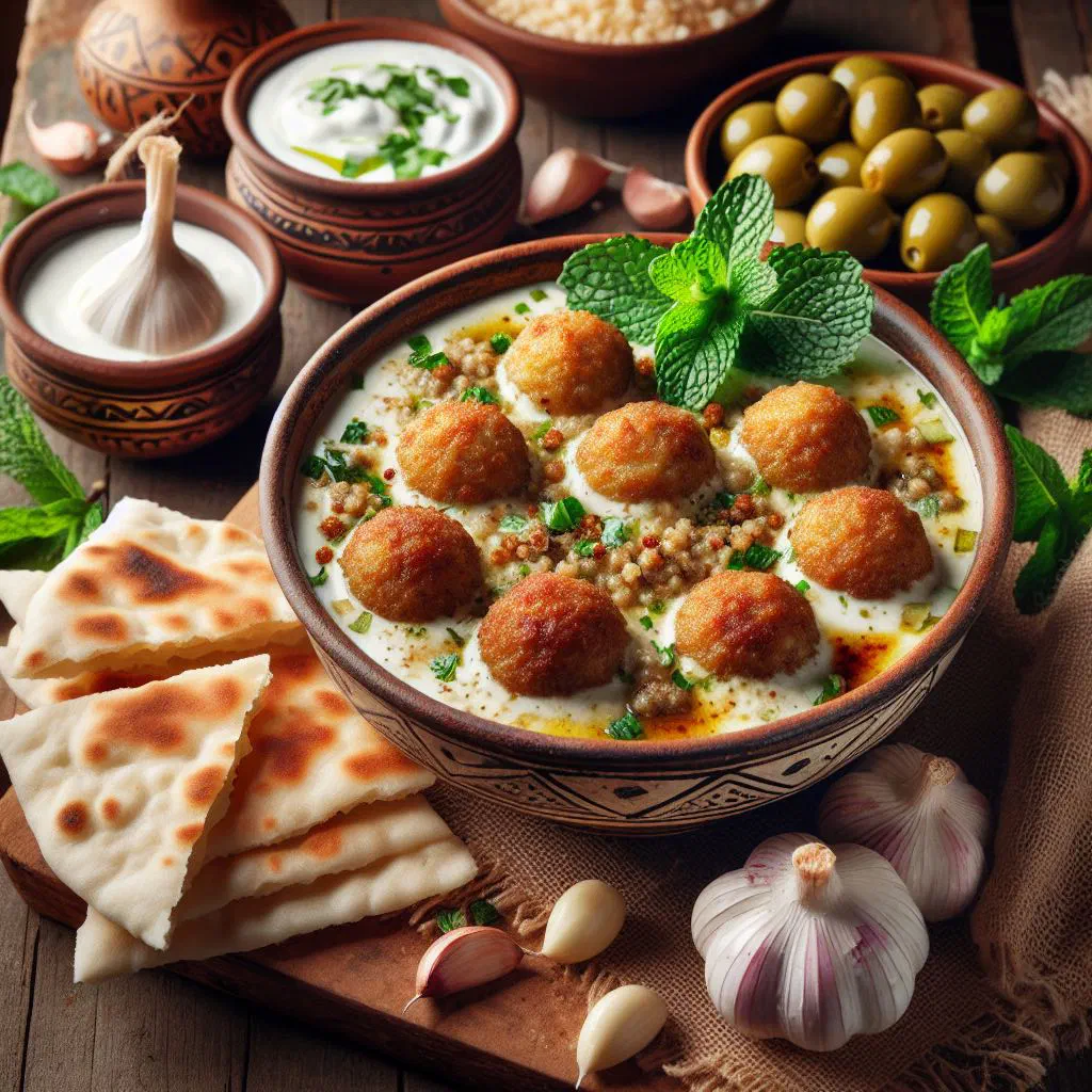 Spiced meatballs simmering in a creamy yoghurt sauce, garnished with fresh mint