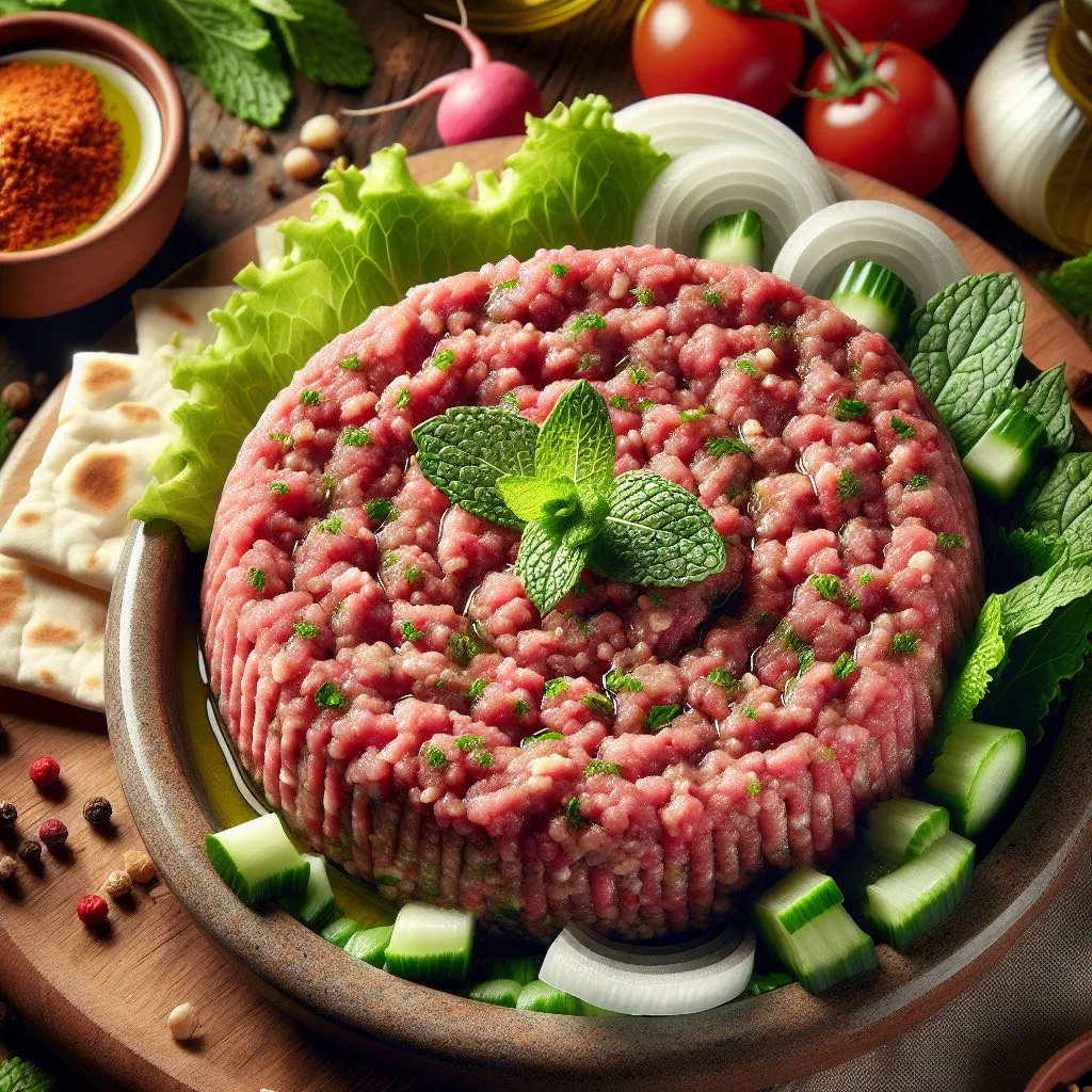 Kibbeh nayyeh of seasoned raw meat and bulgur, drizzled with olive oil and garnished with herbs
