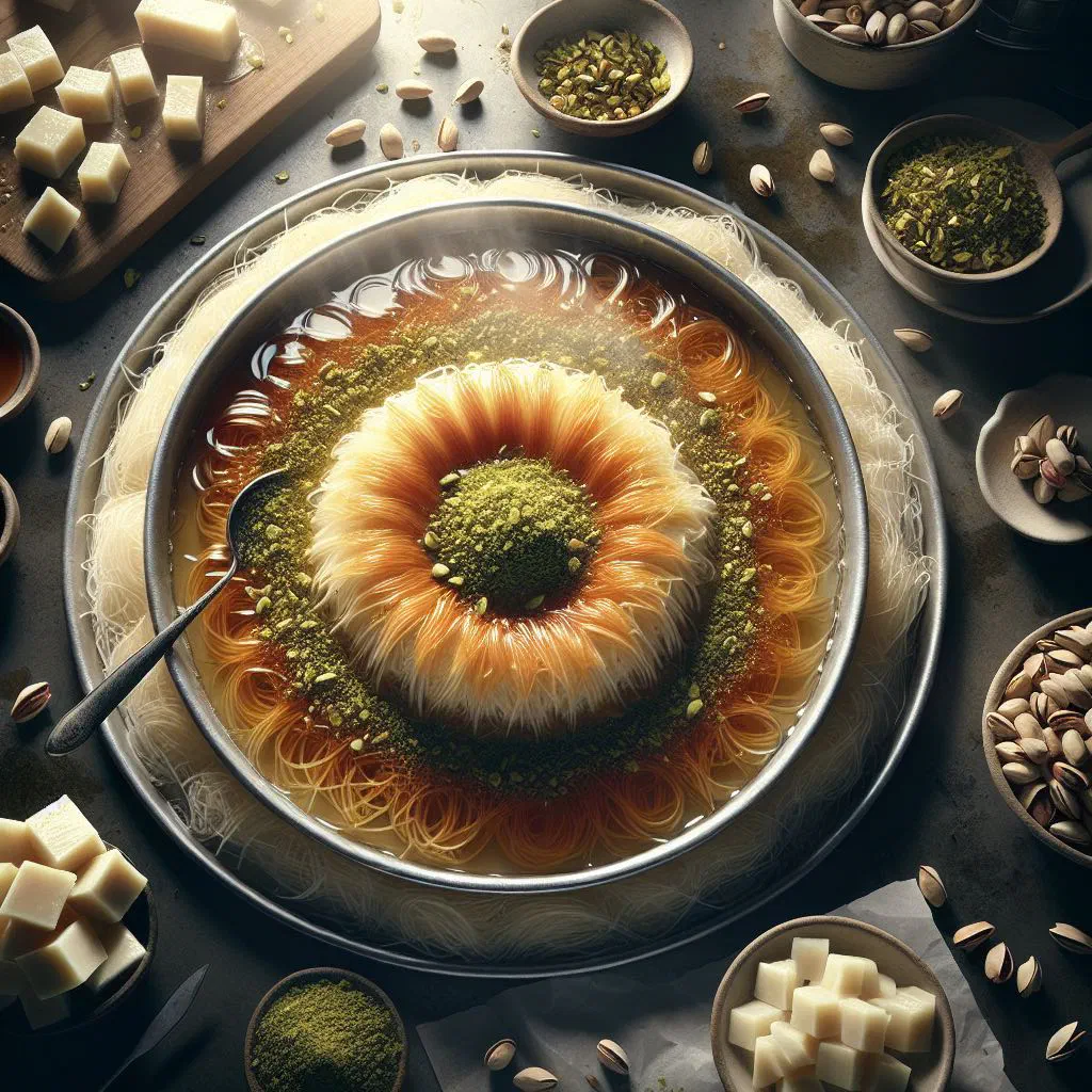 Golden knafeh topped with chopped pistachios and drizzled with syrup
