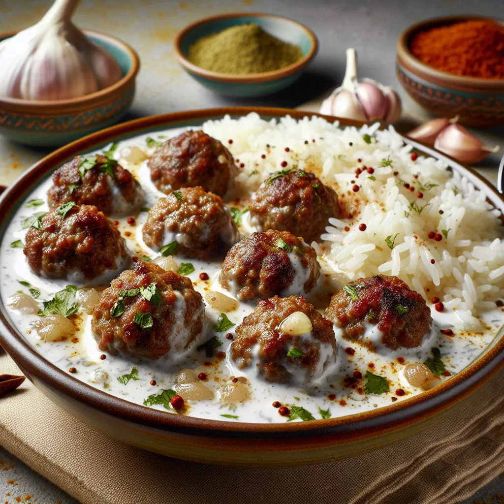 Spiced meatballs in a creamy yoghurt sauce garnished with fresh parsley