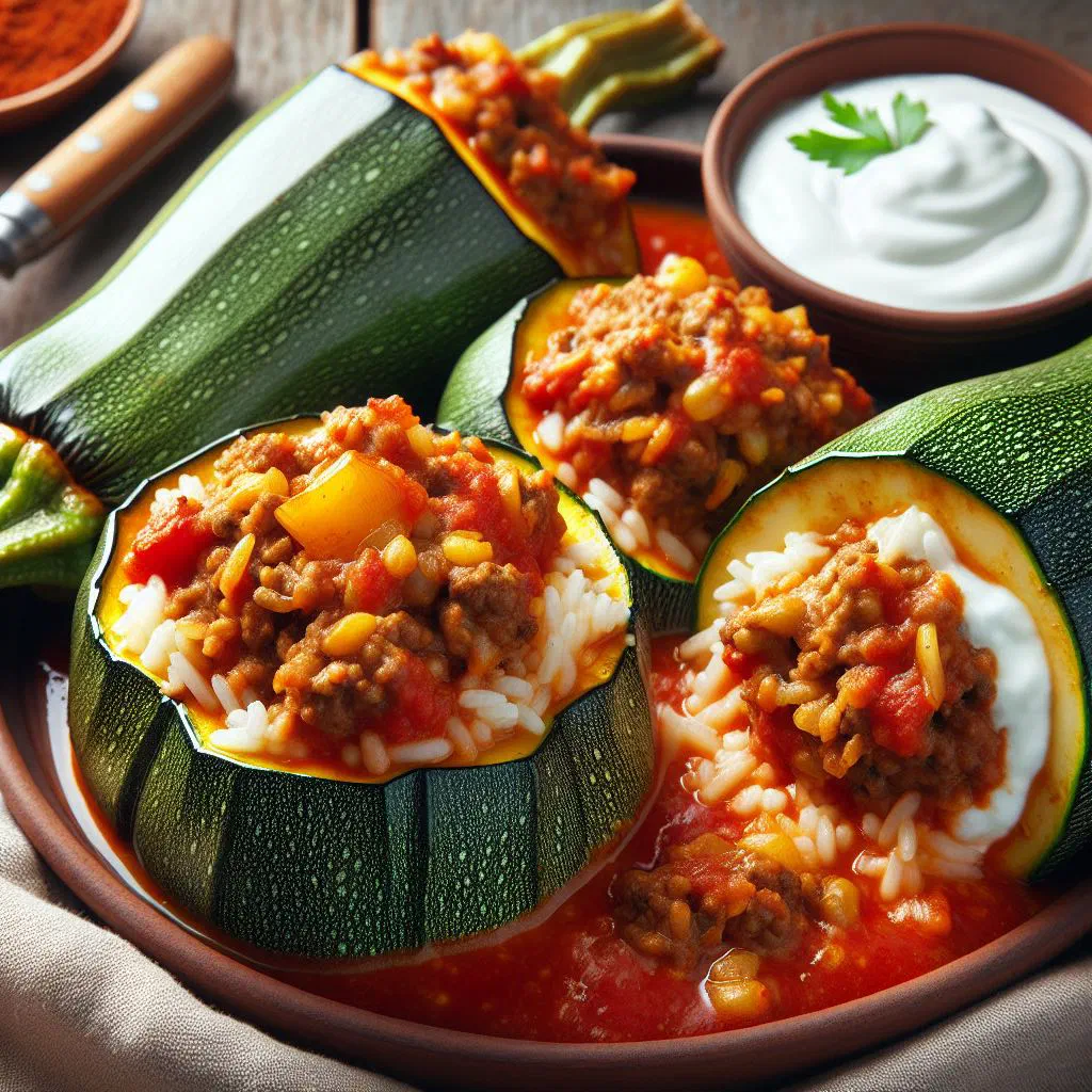 Stuffed courgettes simmered in tomato sauce, garnished with fresh herbs