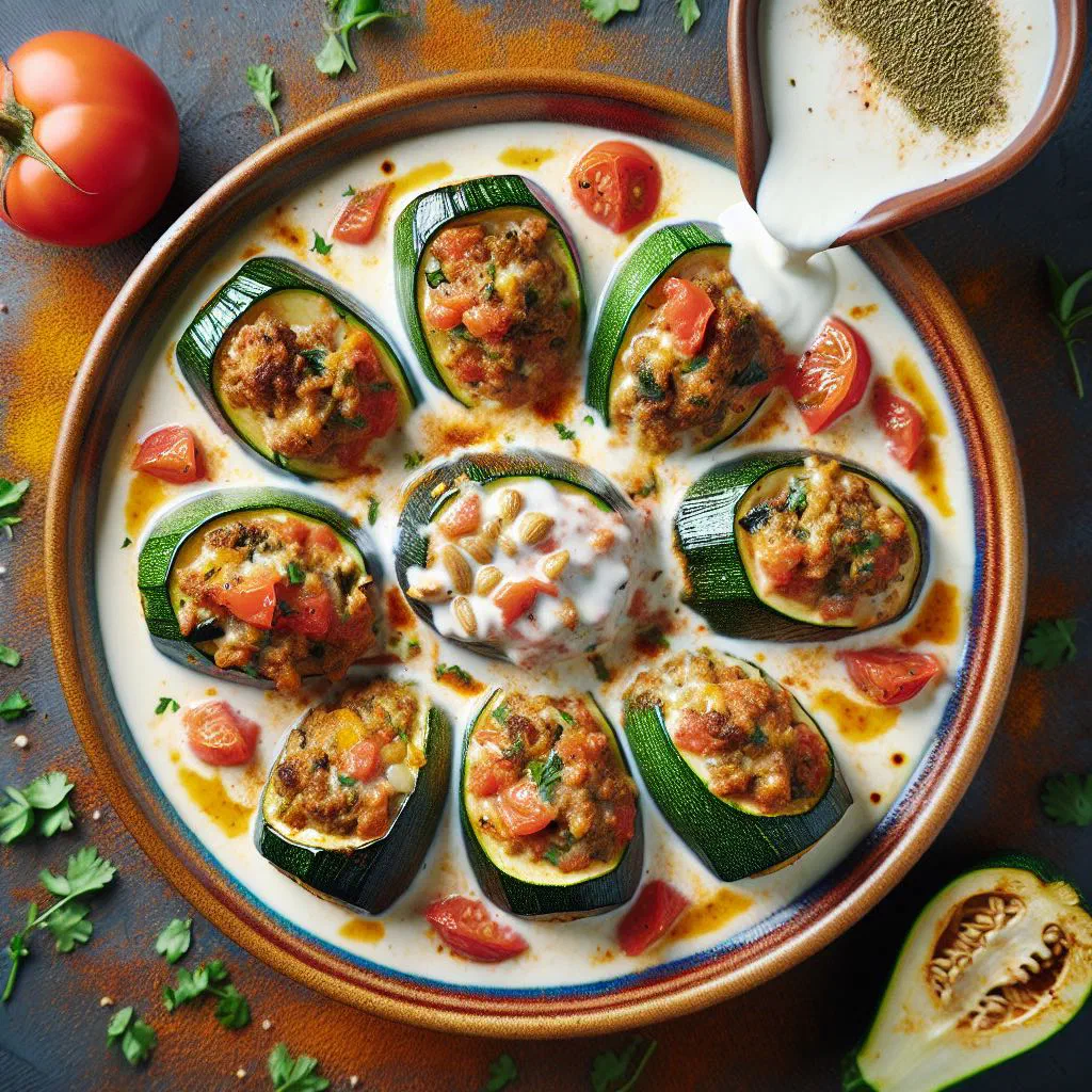 Stuffed courgettes simmered in a creamy yoghurt sauce, garnished with fresh herbs