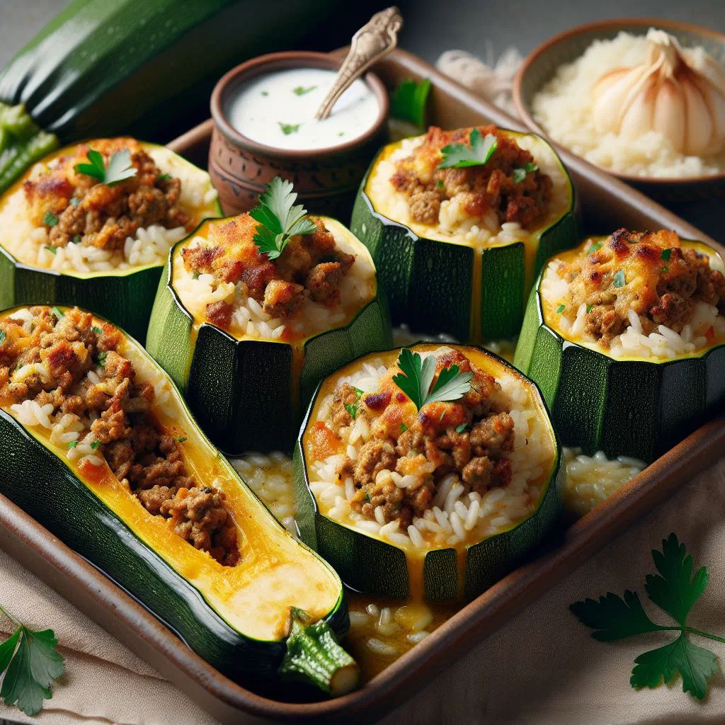 Stuffed courgettes simmered in tomato sauce, garnished with fresh herbs