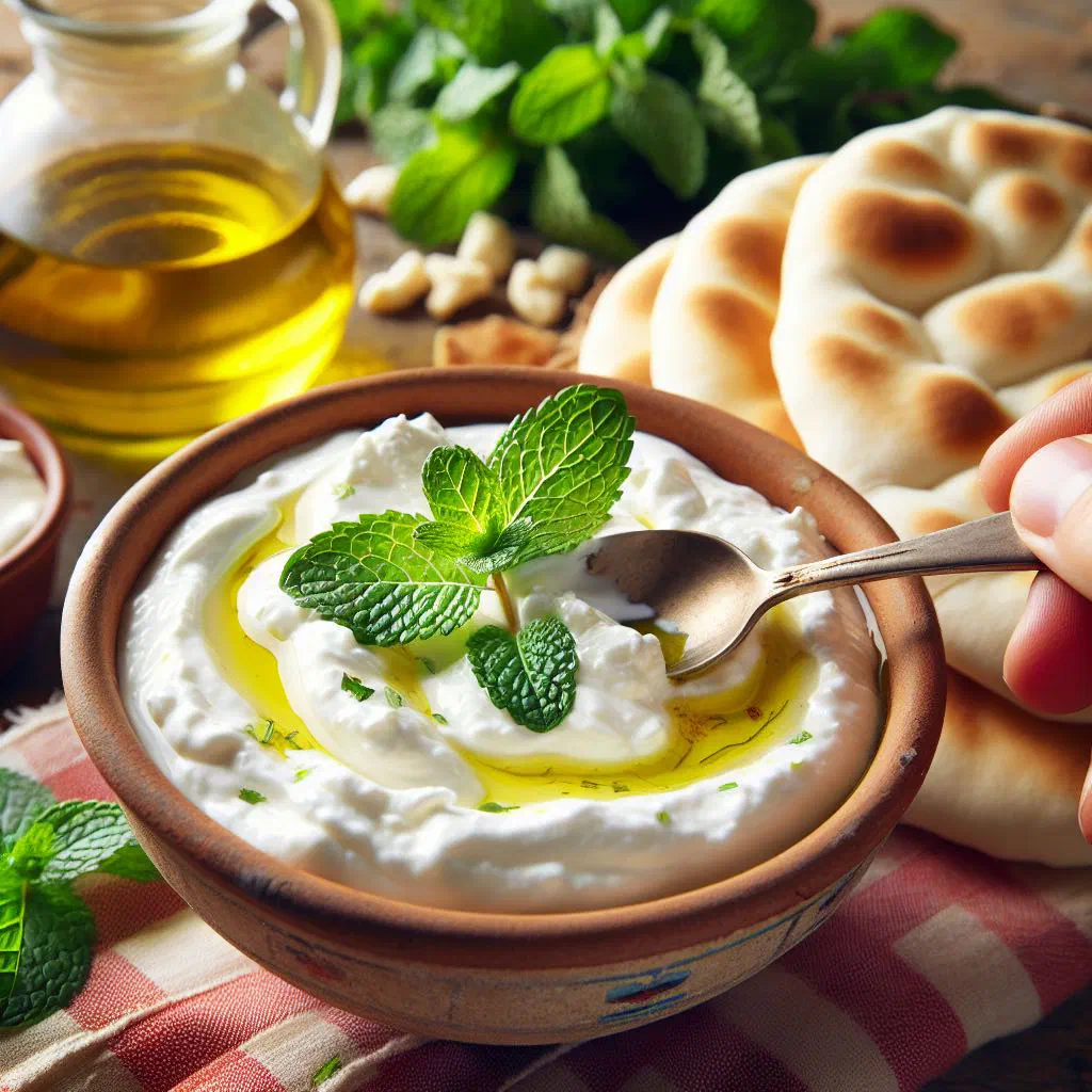 Creamy labneh drizzled with olive oil and topped with fresh herbs
