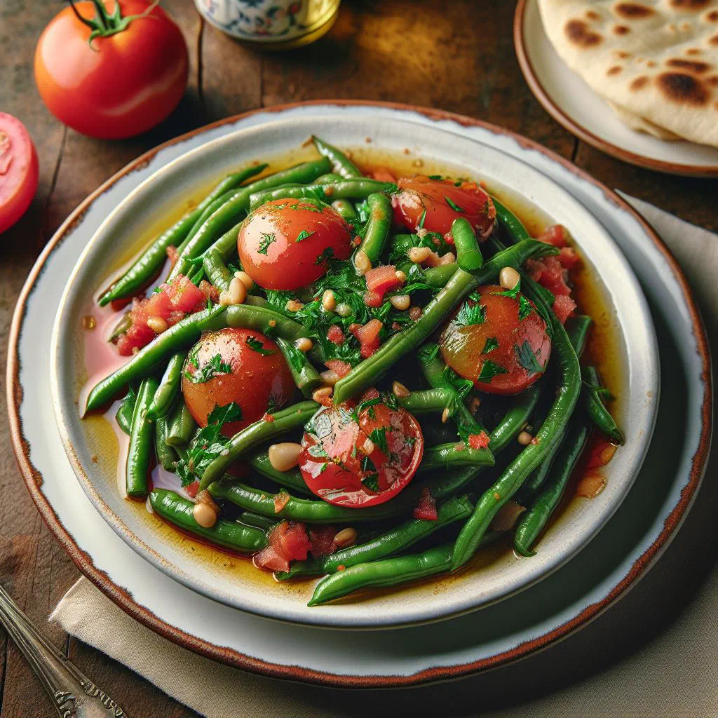 Lebanese green beans braised in olive oil, garnished with fresh parsley