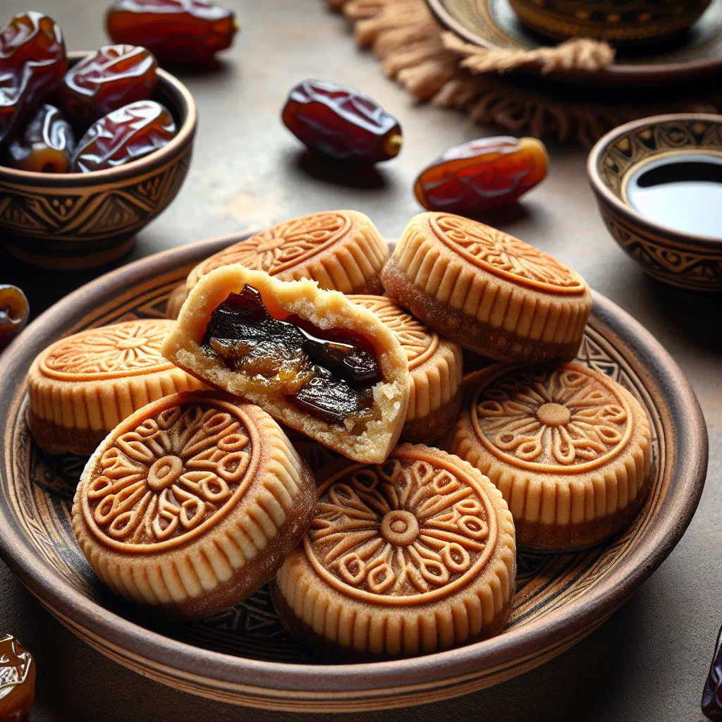 Maamoul date cookies dusted with icing sugar on a plate