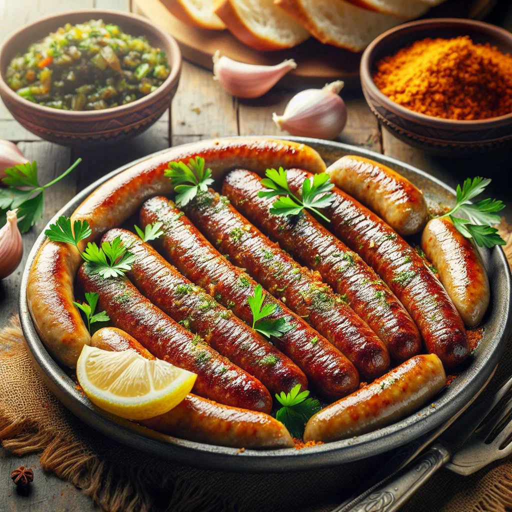 Grilled Lebanese makanek sausages garnished with fresh parsley