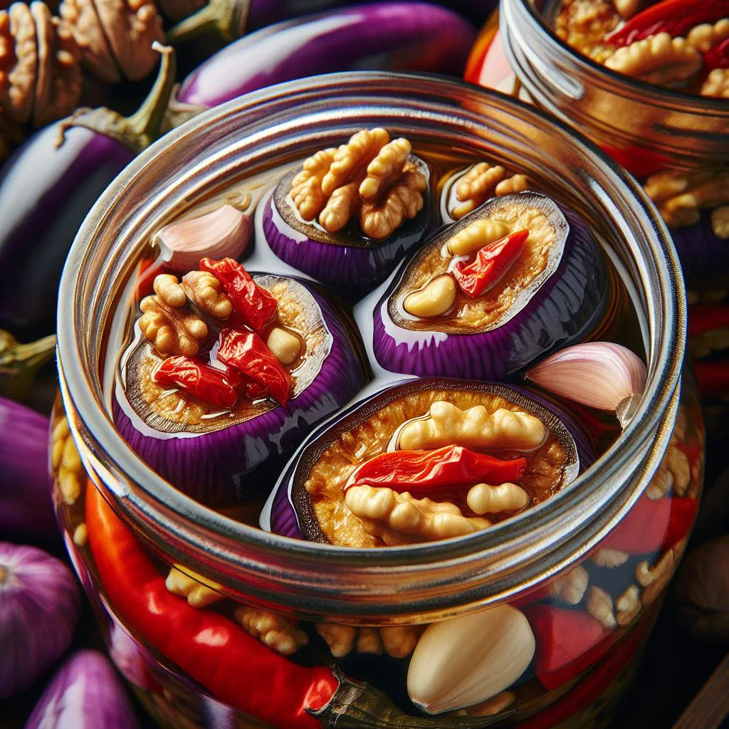 Oil-cured baby aubergines stuffed with walnuts and garlic in a jar