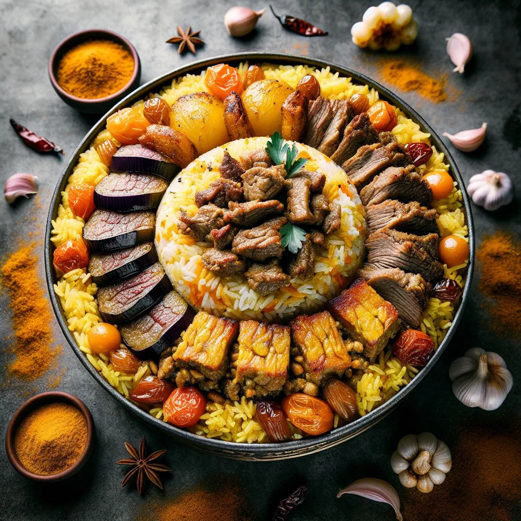 Makloubeh upturned onto a platter, layered rice with aubergine and meat