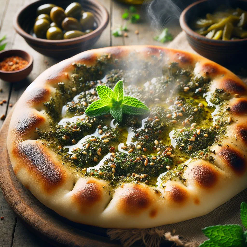 Freshly baked manakish flatbread topped with golden zaatar and olive oil