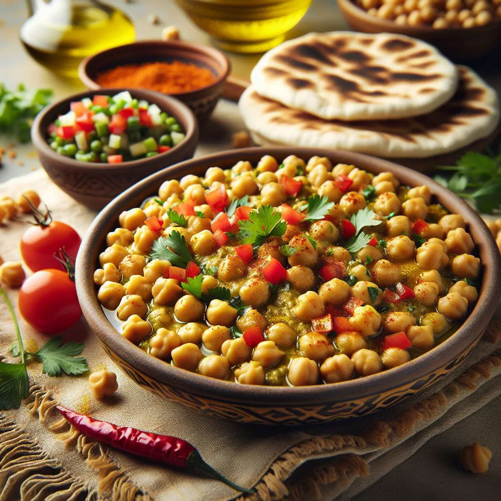 Bowl of masabaha topped with whole chickpeas, olive oil and parsley, served with flatbread