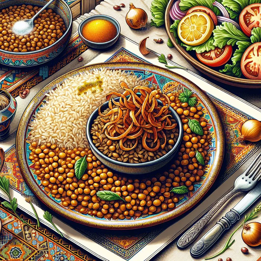 Mdardara of lentils and rice topped with golden caramelised onions