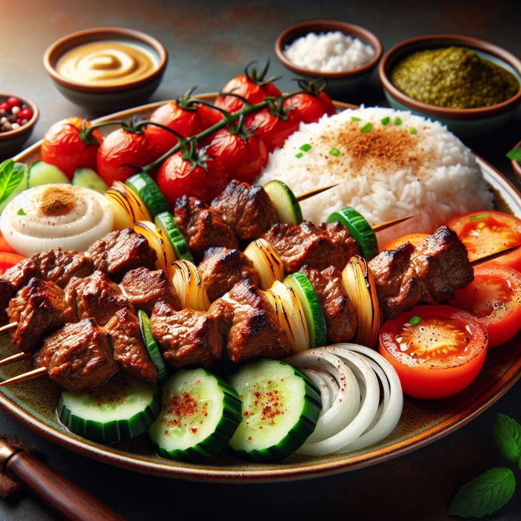 Grilled marinated meat skewers served with fresh flatbread