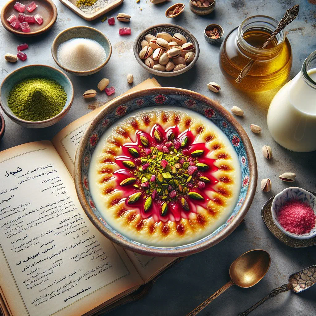 Creamy mouhalabieh milk pudding topped with chopped pistachios
