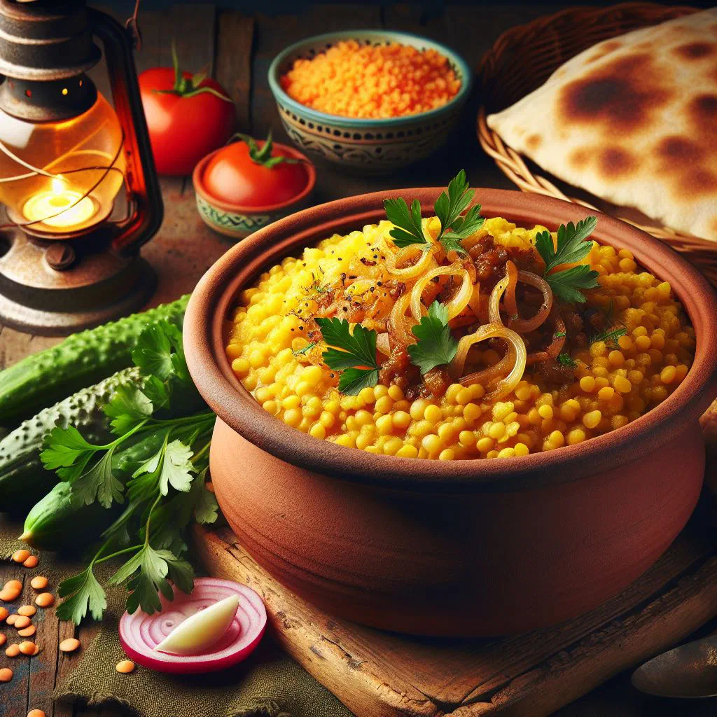 Moujadara safra of lentils and rice topped with golden caramelised onions