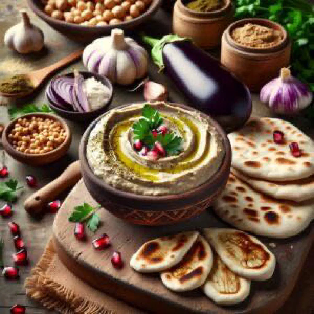 Creamy moutabal aubergine dip drizzled with olive oil and pomegranate seeds