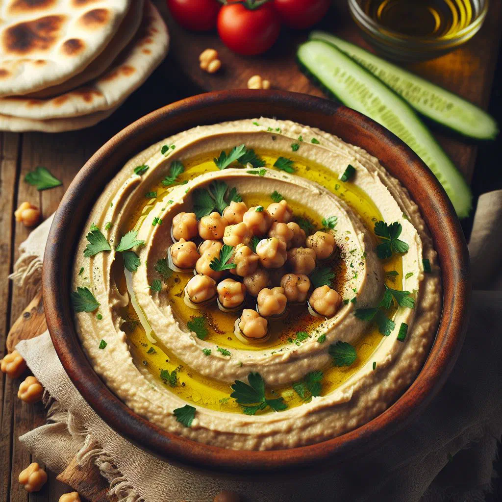 Creamy musabaha chickpea dip drizzled with olive oil and served with pita bread