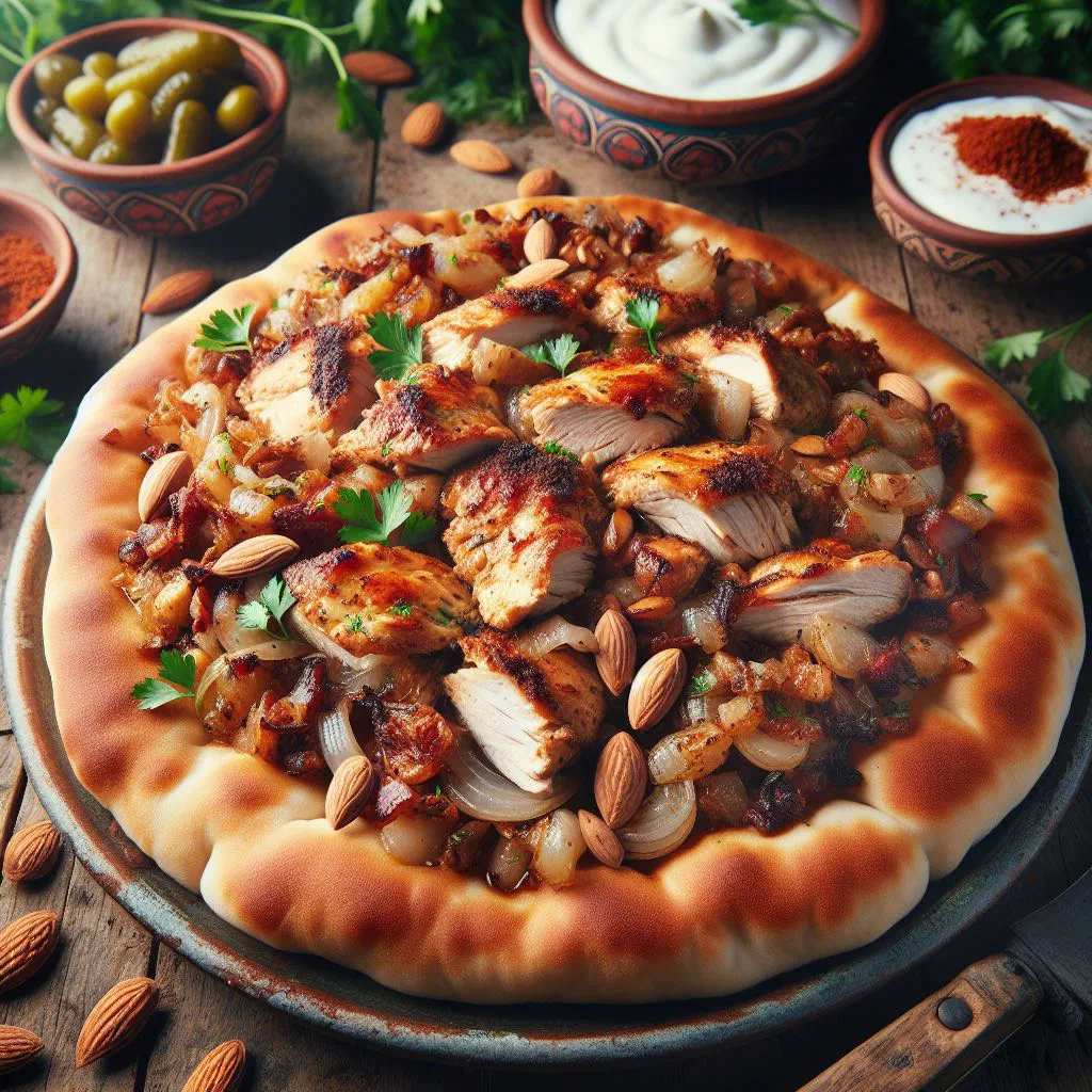 Roast chicken with caramelised sumac onions served on crisp flatbread