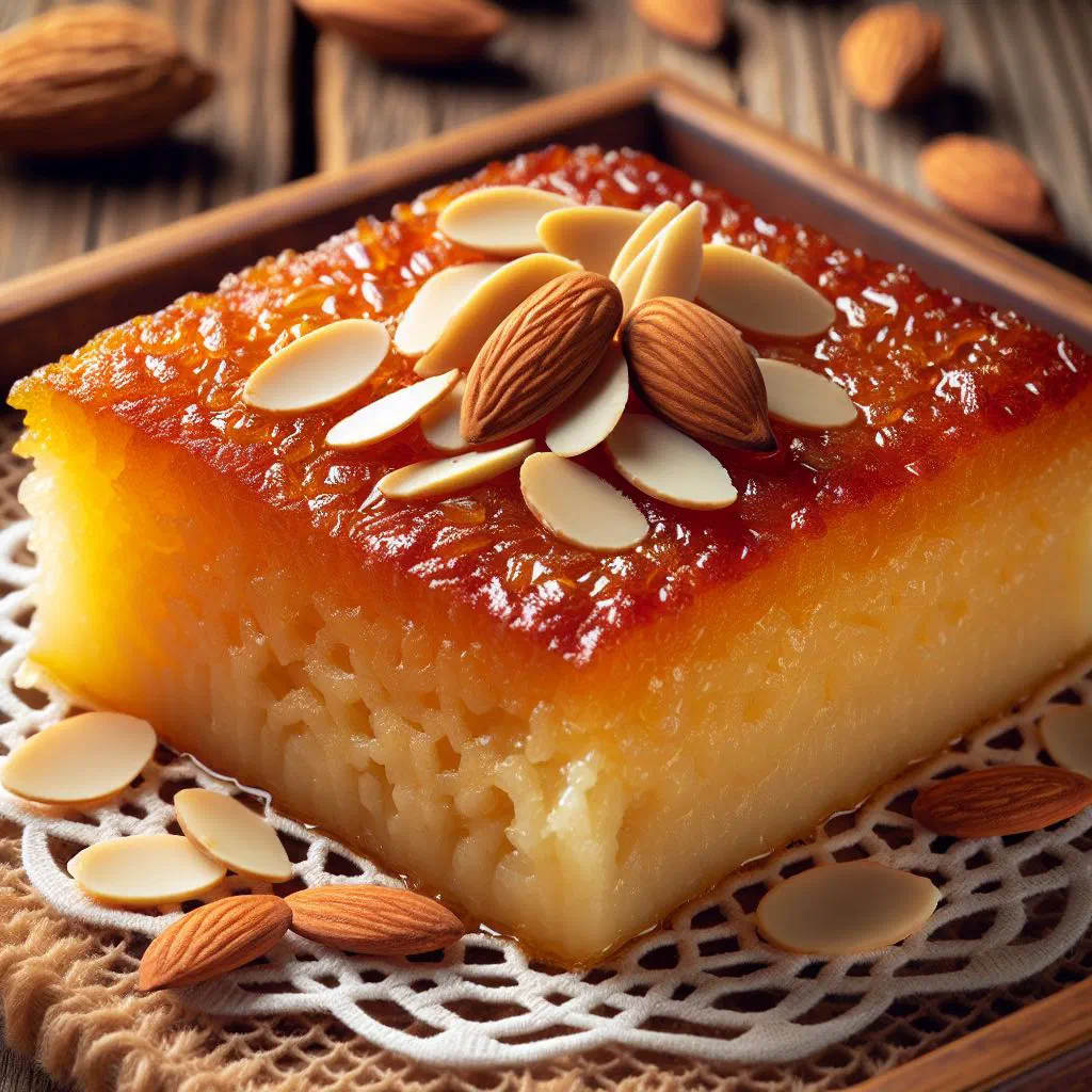 Diamond-cut squares of nammoura semolina cake topped with almonds