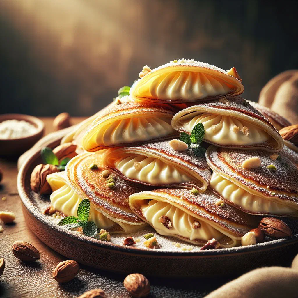 Folded Qatayef Asafiri pancakes filled with nuts and drizzled with sugar syrup