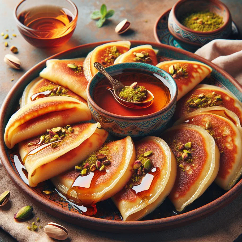 Stuffed qatayef pancakes filled with nuts and drizzled with sugar syrup