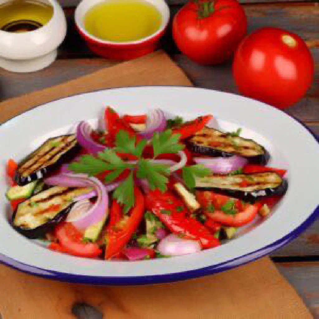 Creamy rahib aubergine dip drizzled with olive oil and parsley