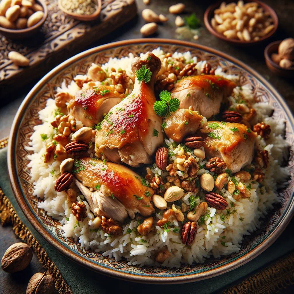 Lebanese riz ala' dajaj with spiced chicken, rice and toasted almonds