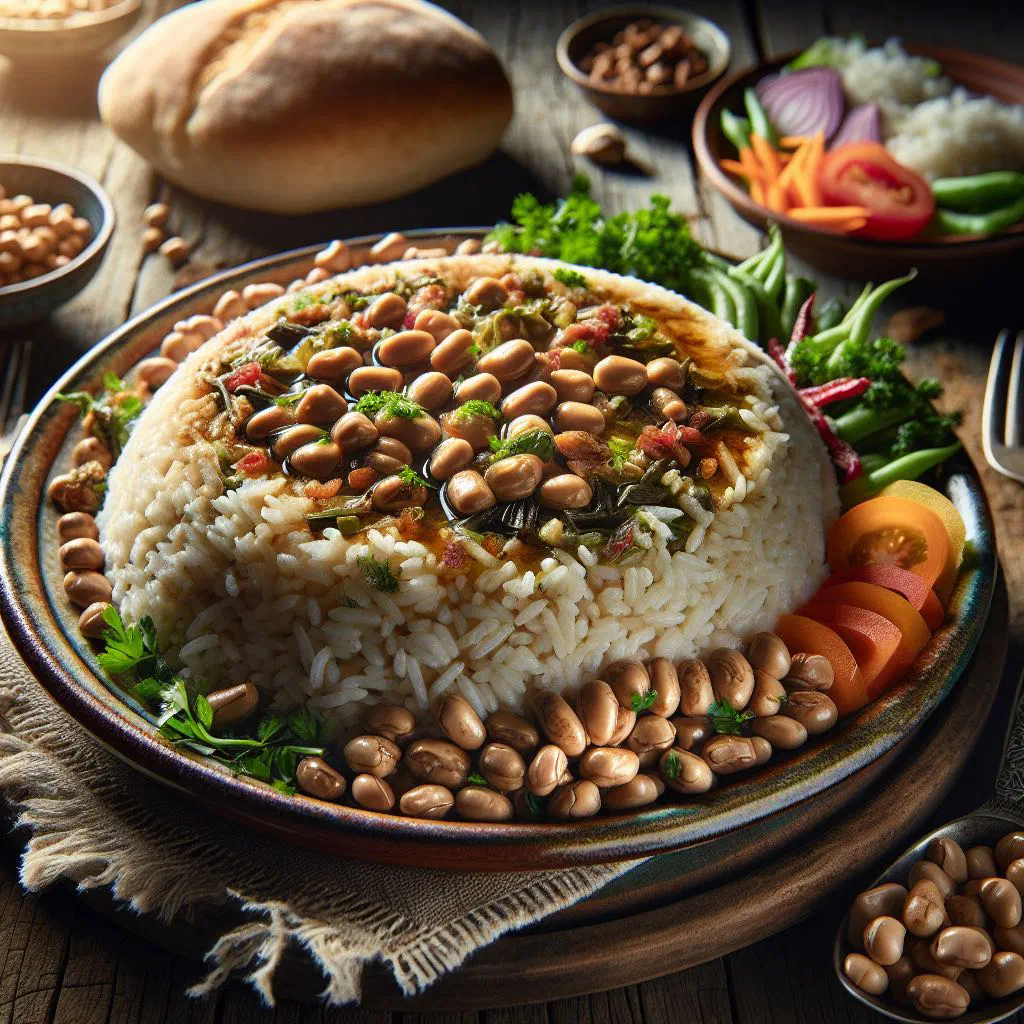 Lebanese riz b'foul with rice, beans and fresh herbs in a bowl