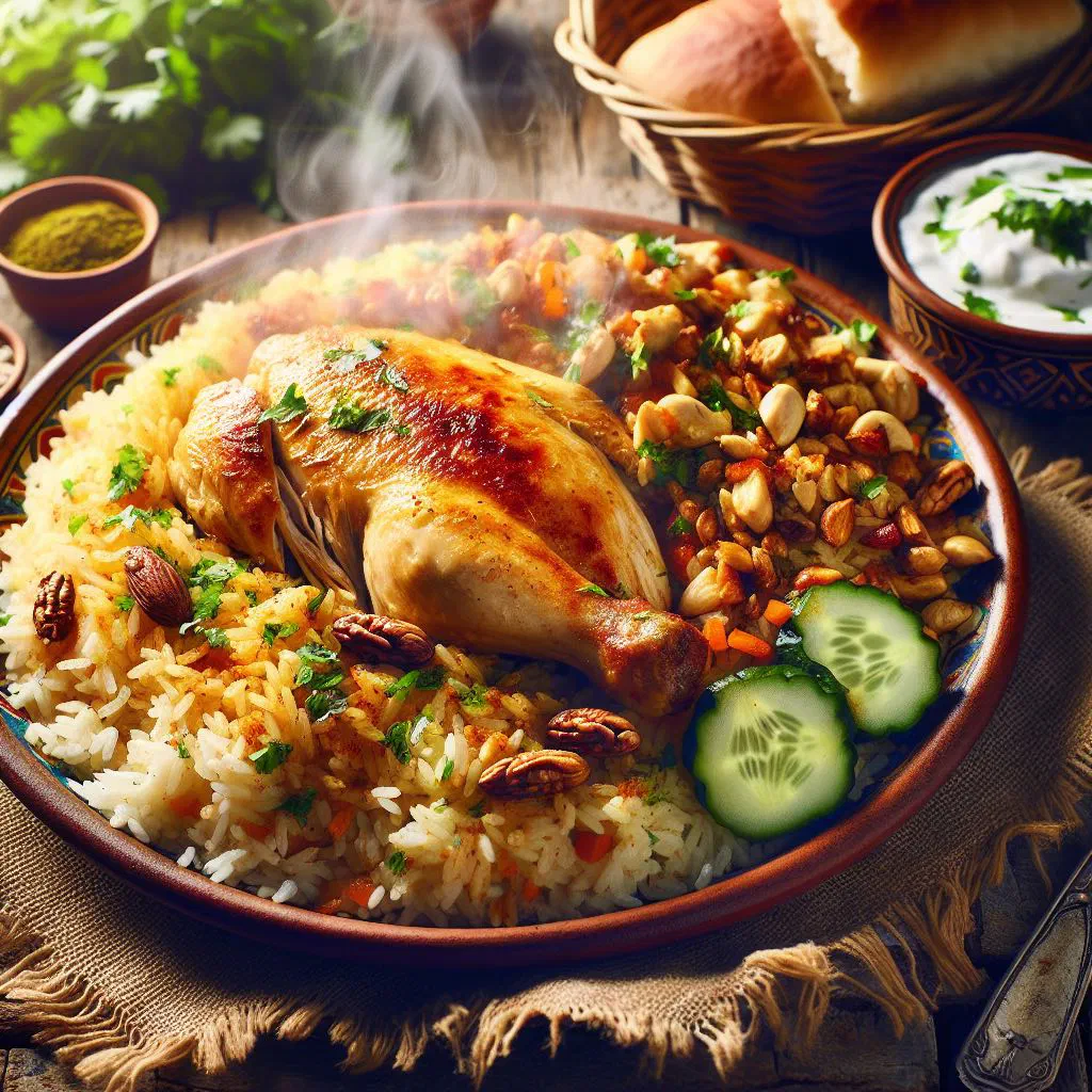 Lebanese riz bi djej with spiced chicken over rice topped with toasted nuts