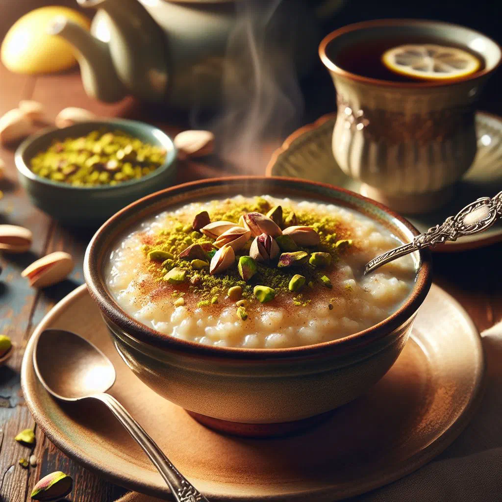 Lebanese roz bel haleeb rice pudding topped with chopped pistachios